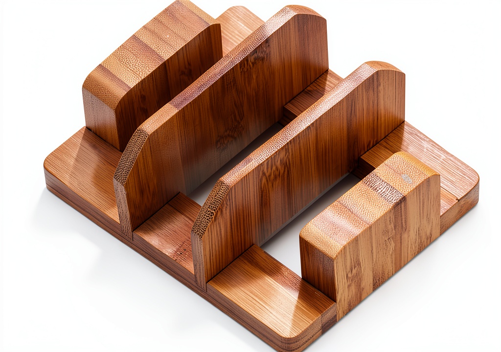 'Kunovo bamboo pot lid holder displaying three compartments on a kitchen counter'
