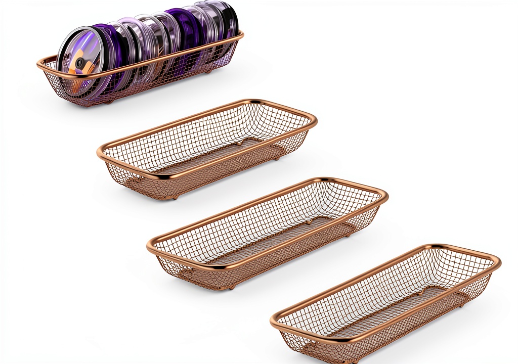 Yoku Made stainless steel basket holding various cup lids in a kitchen cabinet