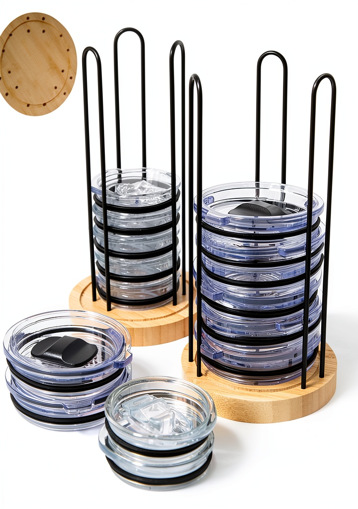 TelKeen cup lid holder displaying organized lids on a kitchen counter