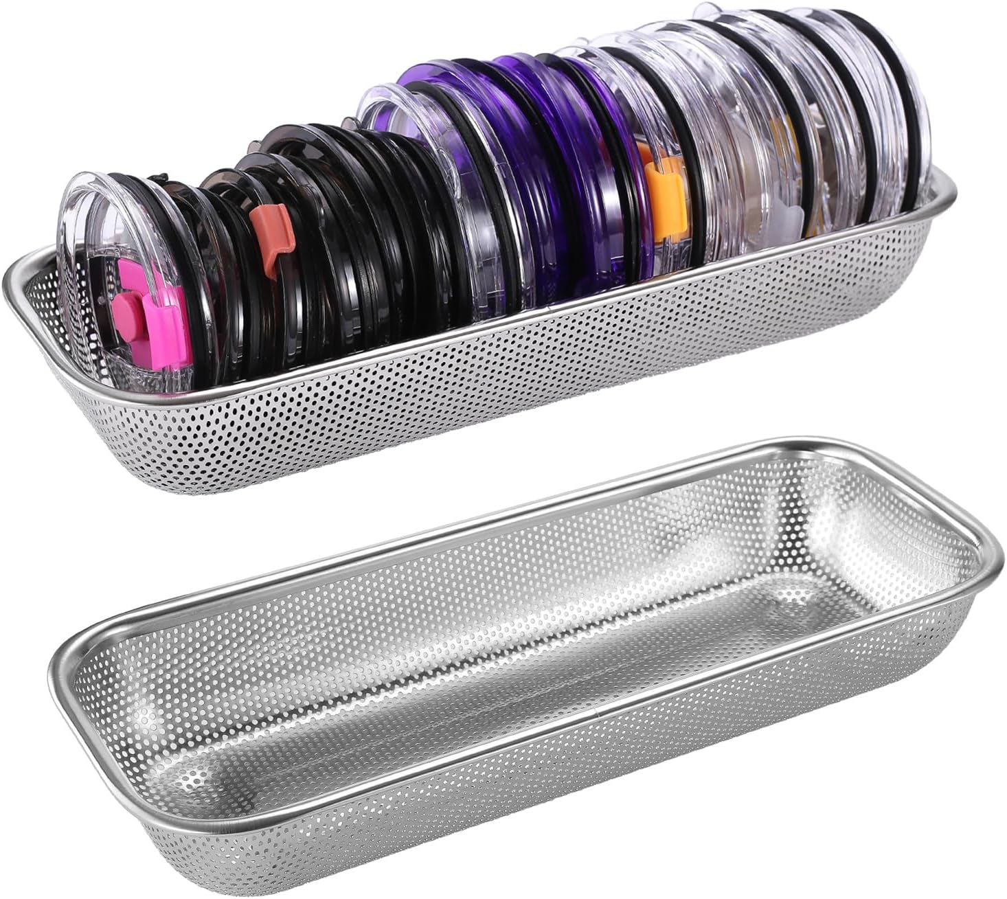 Yoku Made stainless steel tumbler lid holder in a kitchen cabinet