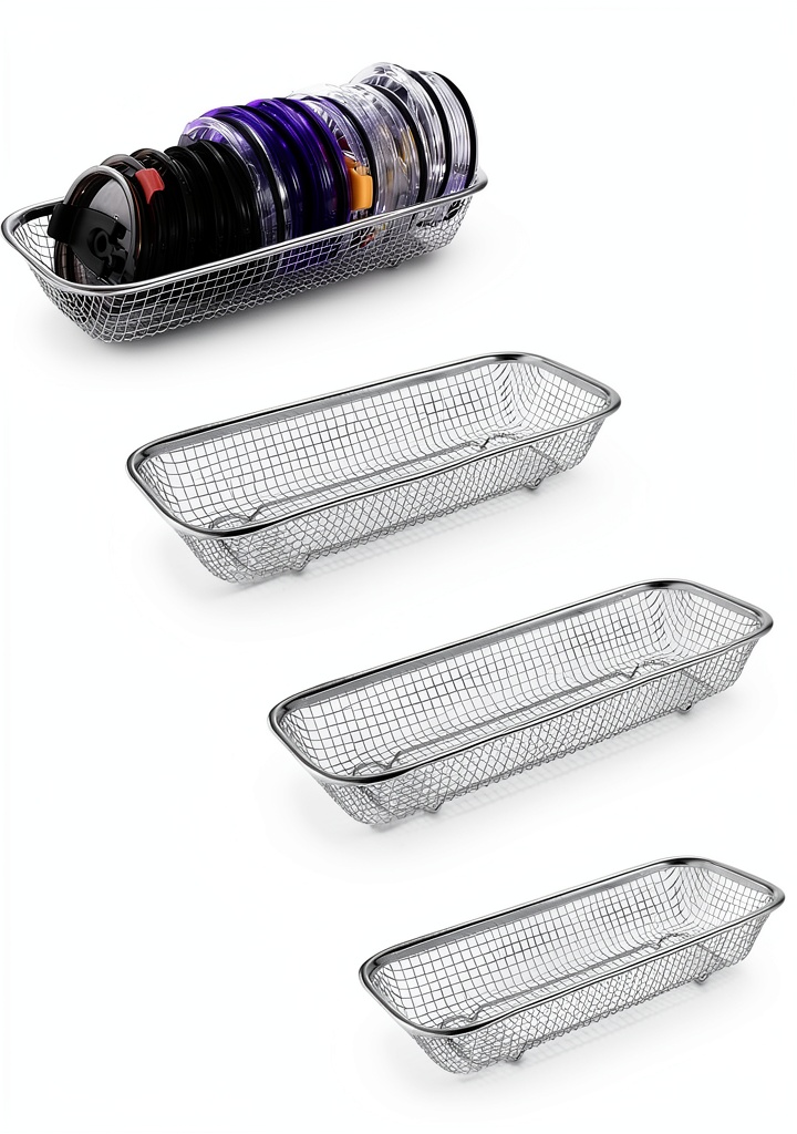 Yoku Made stainless steel basket holding cup lids and utensils in a kitchen cabinet